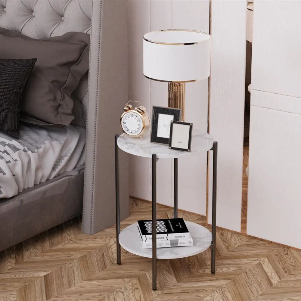 2-Tier Round Coffee End Table with Sintered Stone Top & Metal Frame