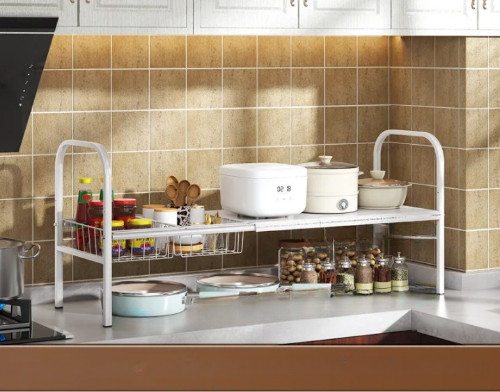 2 Tier Under Sink Organizer Sliding Storage Drawer Kitchen Bathroom Cabinet - White image