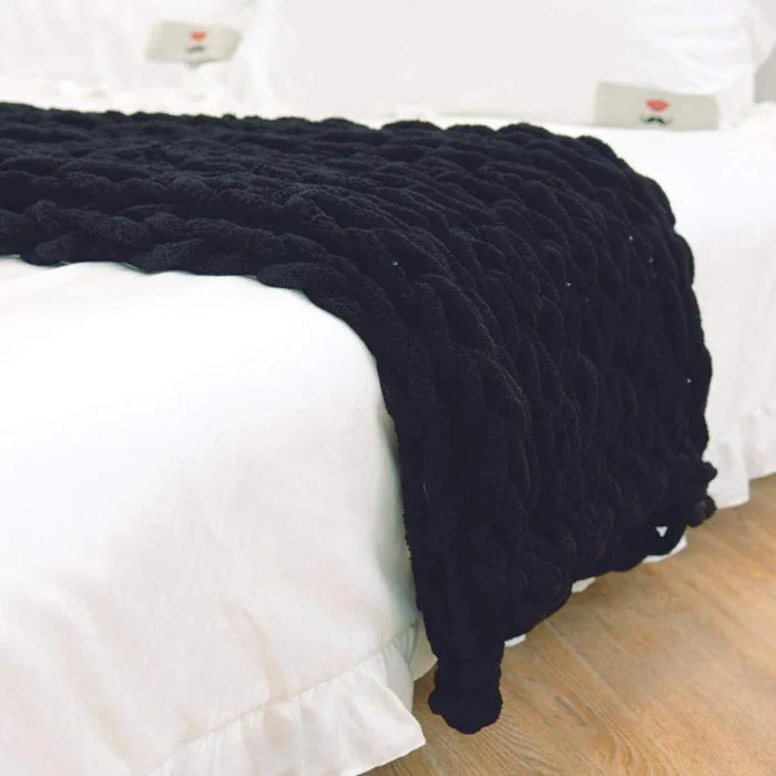 Chenille Chunky Knitted Blanket, Thick Cable Knit Throw for Couch Bed Sofa - Black image