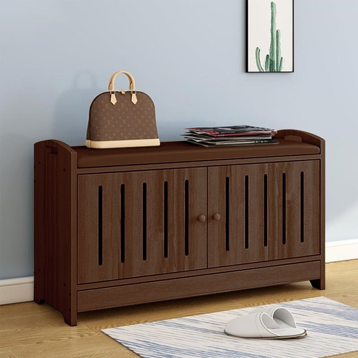 Large Entryway Shoe Shelf Storage Bench Organizer - Dark Walnut image