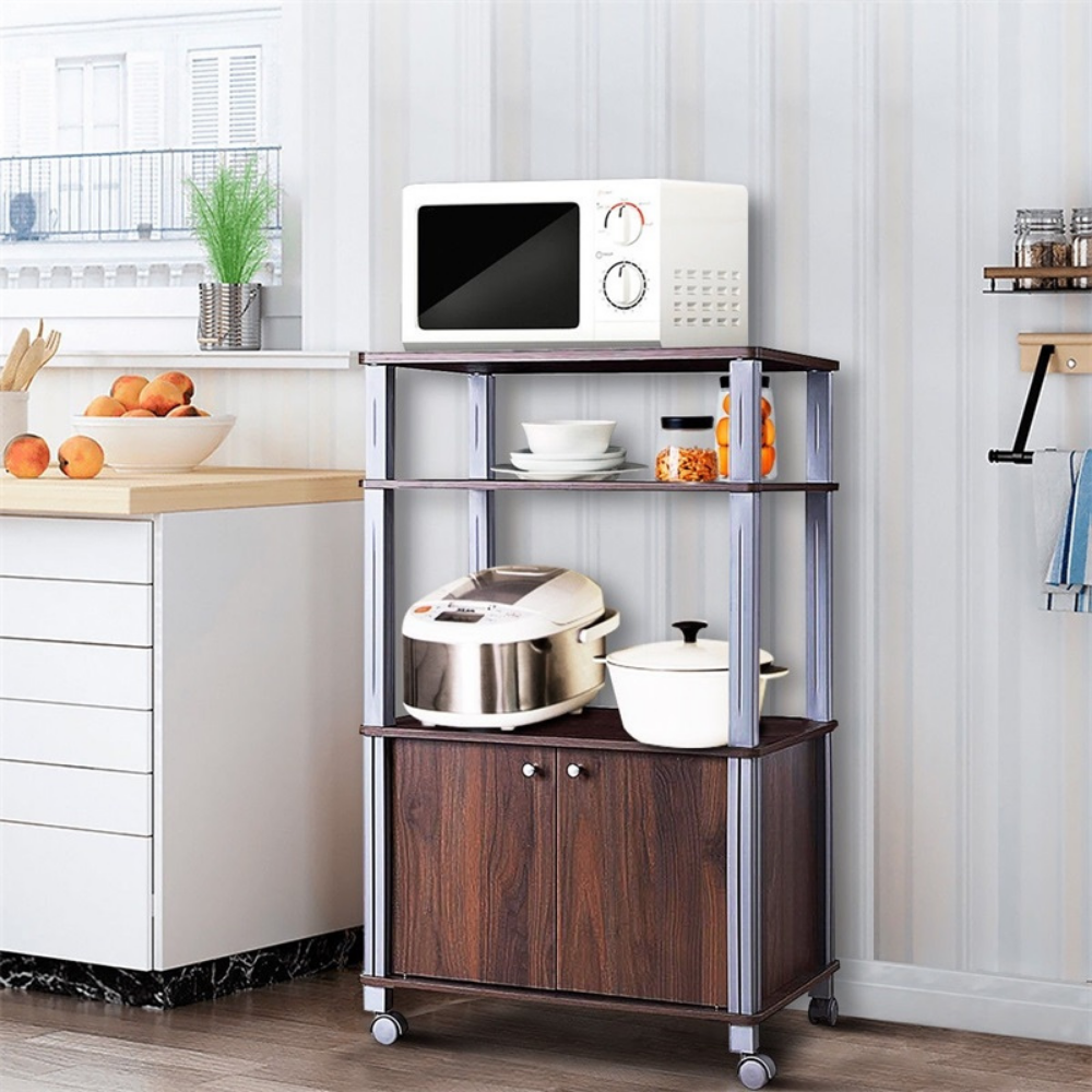 Modern Kitchen Wooden Bakers Rack With Storage Drawers - Coffee image