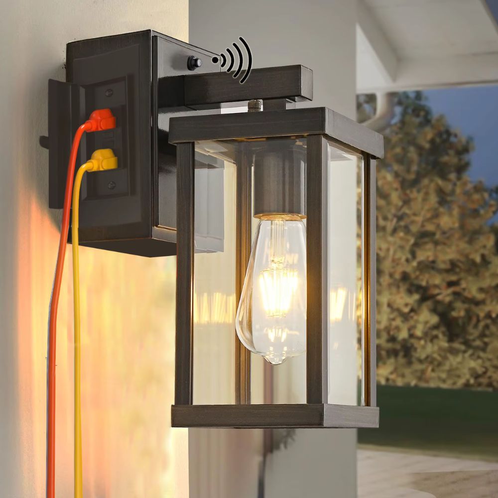 Modern Outdoor Wall Lantern with GFCI Outlet – Weatherproof Dusk-to-Dawn Light
