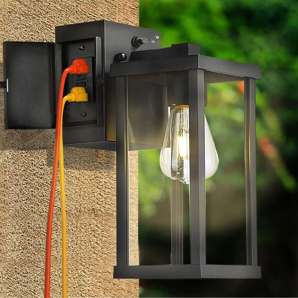 Modern Outdoor Wall Lantern with GFCI Outlet – Weatherproof Dusk-to-Dawn Light