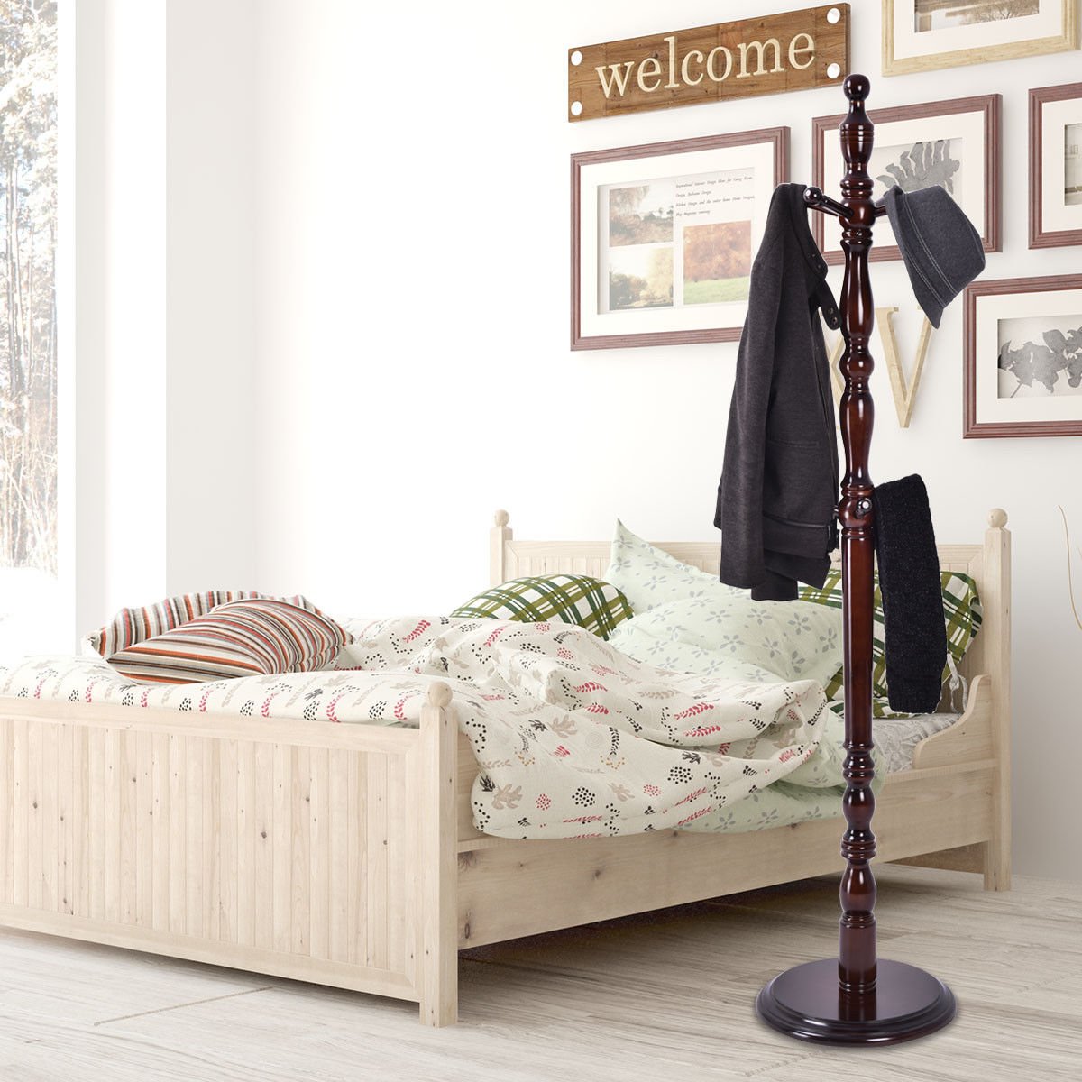 Wooden FreeStanding Entryway Coat Hanger Rack With 8 Hooks image 3