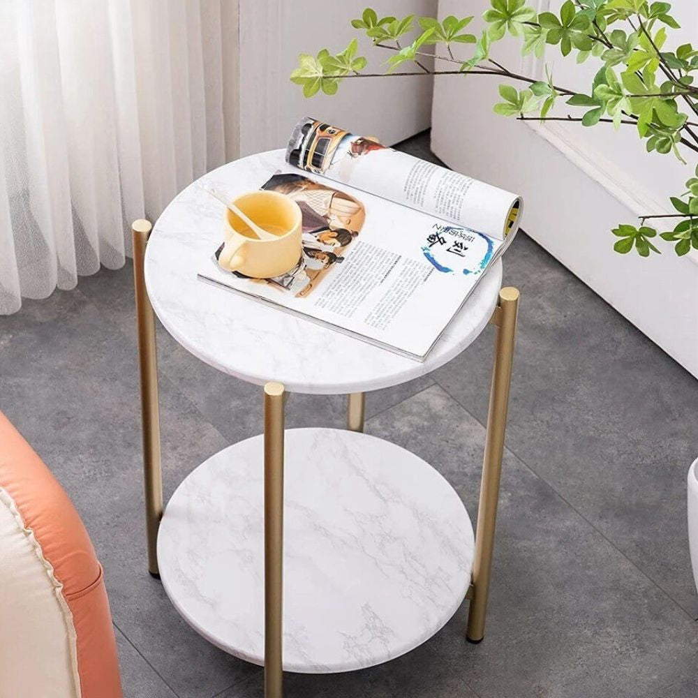 2-Tier Round Coffee End Table with Sintered Stone Top & Metal Frame