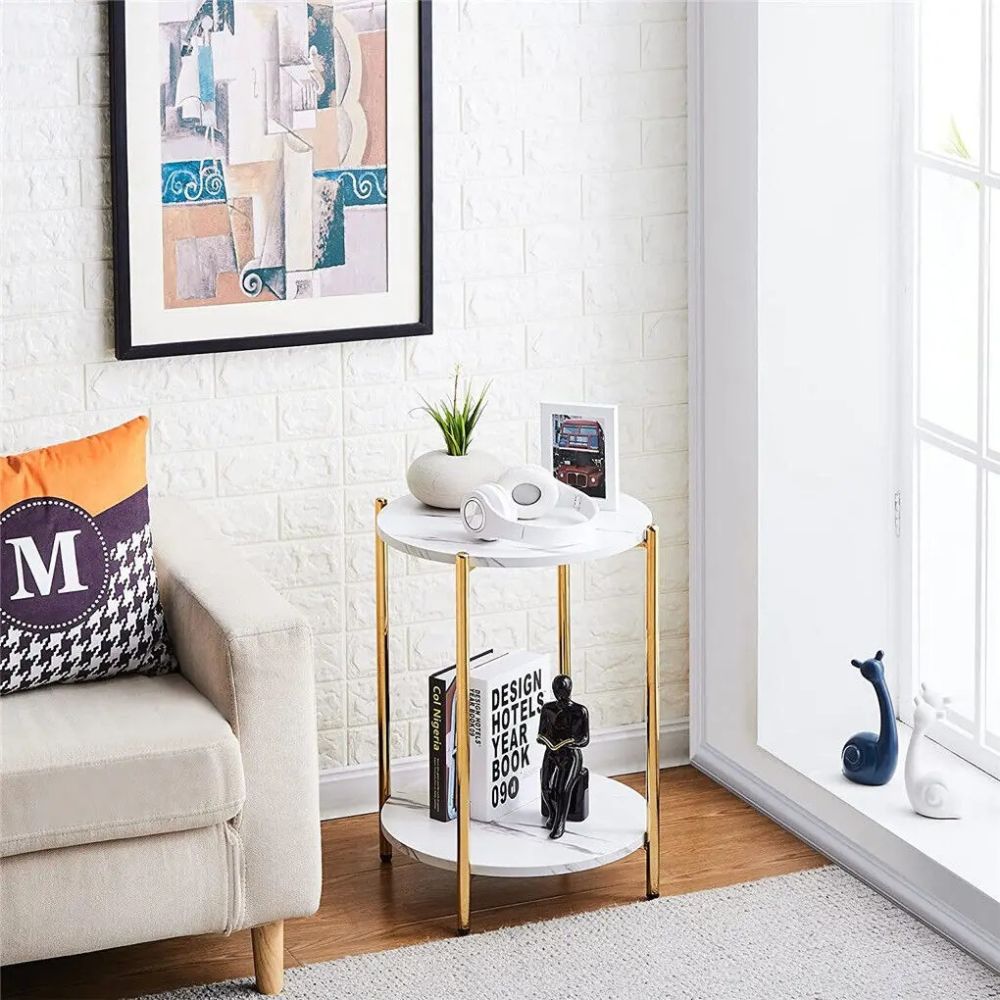 2-Tier Round Coffee End Table with Sintered Stone Top & Metal Frame