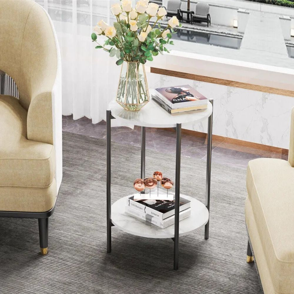2-Tier Round Coffee End Table with Sintered Stone Top & Metal Frame