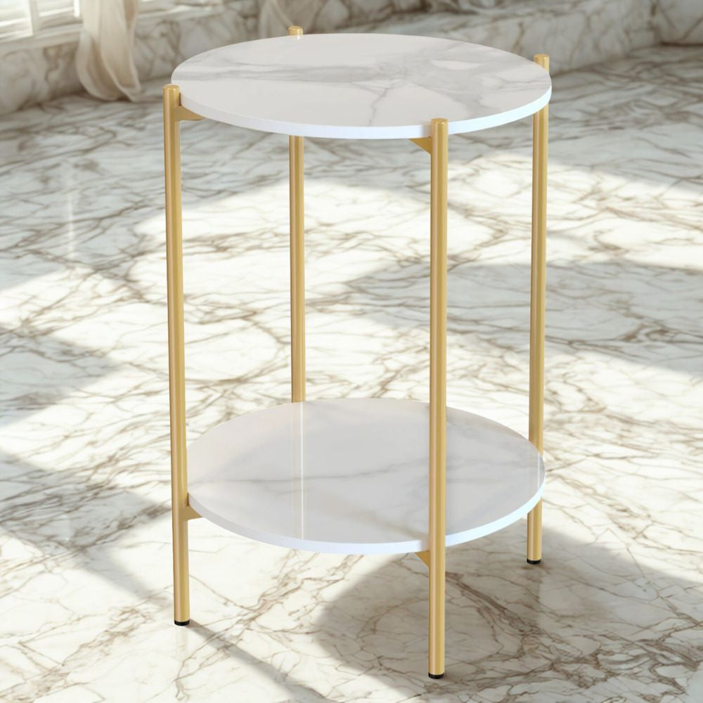 2-Tier Round Coffee End Table with Sintered Stone Top & Metal Frame