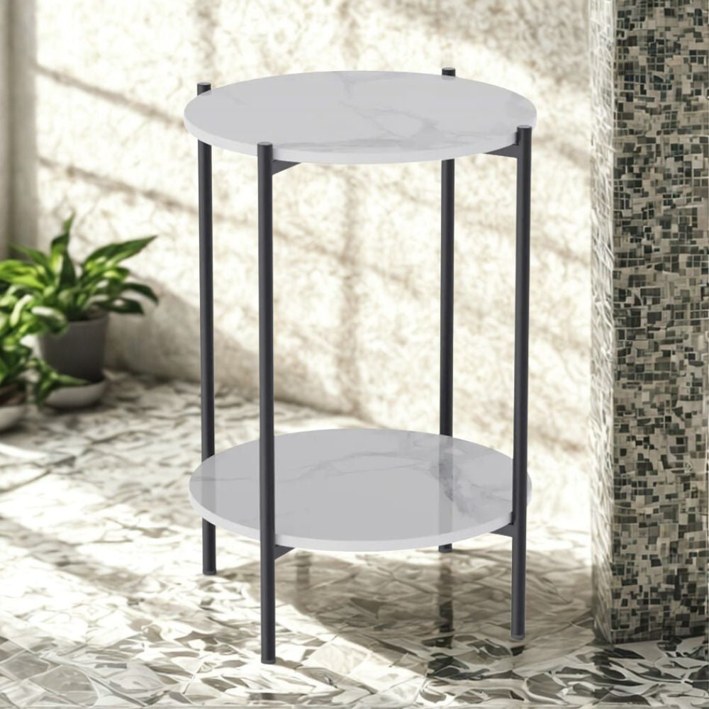 2-Tier Round Coffee End Table with Sintered Stone Top & Metal Frame