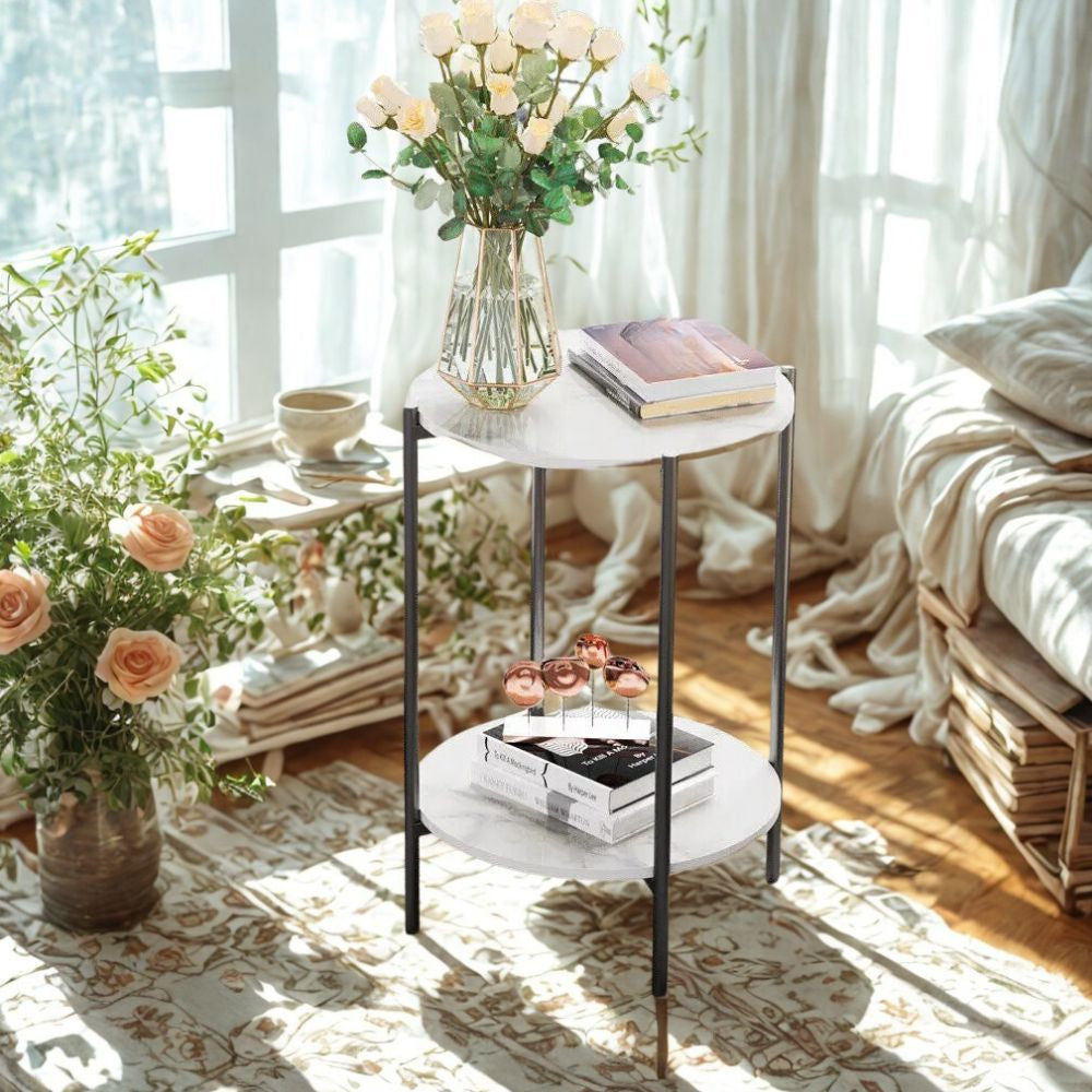 2-Tier Round Coffee End Table with Sintered Stone Top & Metal Frame