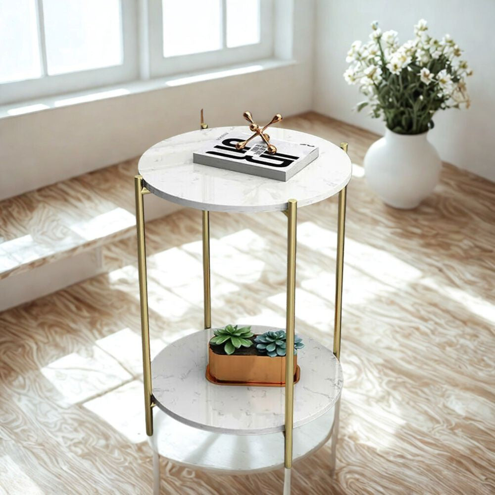 2-Tier Round Coffee End Table with Sintered Stone Top & Metal Frame