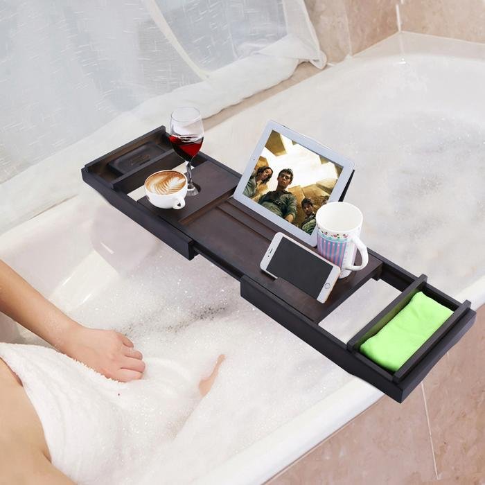 Large Spacious Bamboo Bathtub Caddy Tray - Black brown image