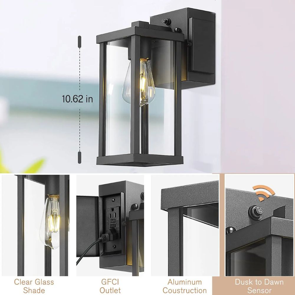 Modern Outdoor Wall Lantern with GFCI Outlet – Weatherproof Dusk-to-Dawn Light