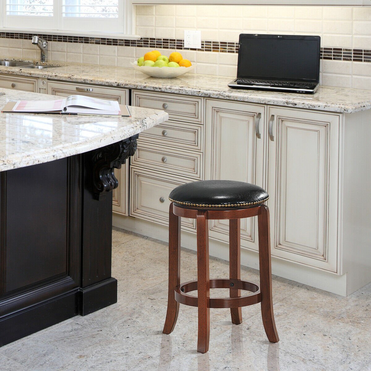 Wooden Rustic Cushioned Leather Counter Bar Stool image 3