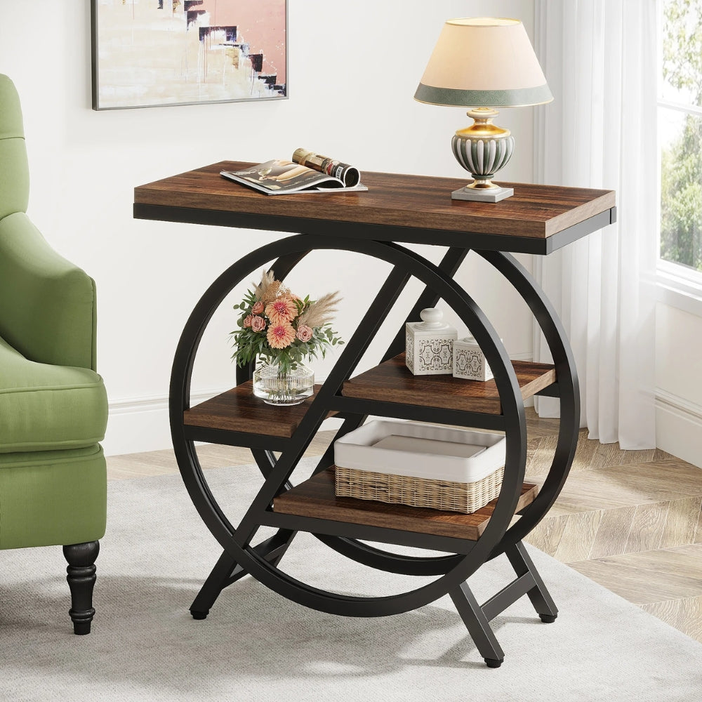 3-Tier Narrow End Table with Storage & Geometric Metal Frame for Living Room
