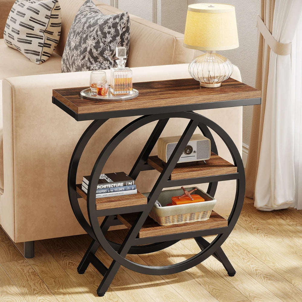 3-Tier Narrow End Table with Storage & Geometric Metal Frame for Living Room