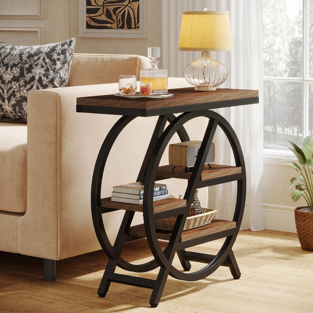 3-Tier Narrow End Table with Storage & Geometric Metal Frame for Living Room