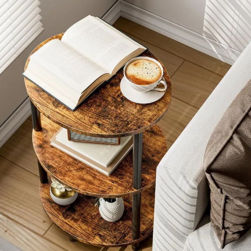 3-Tier Oval End Table with Metal Legs – Rustic Side Table for Bedroom & Living Room