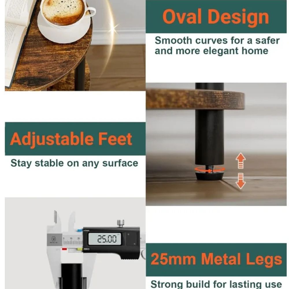 3-Tier Oval End Table with Metal Legs – Rustic Side Table for Bedroom & Living Room