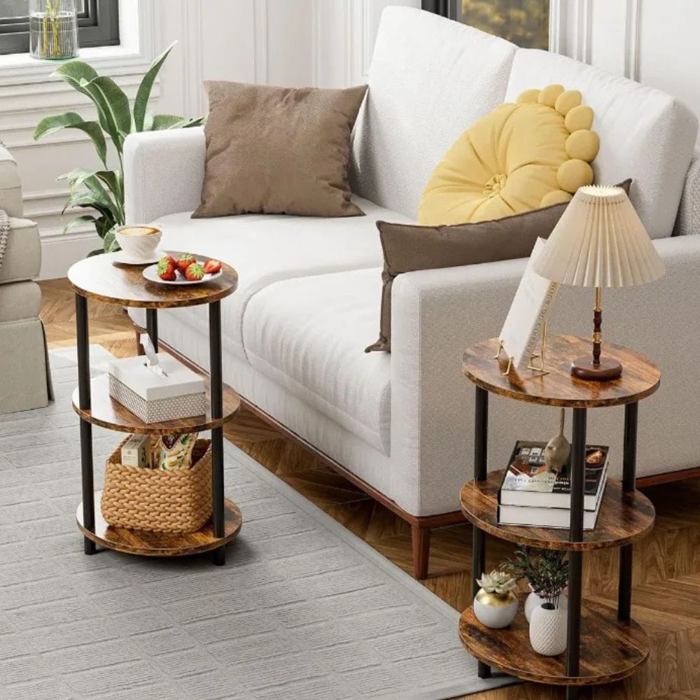 3-Tier Oval End Table with Metal Legs – Rustic Side Table for Bedroom & Living Room