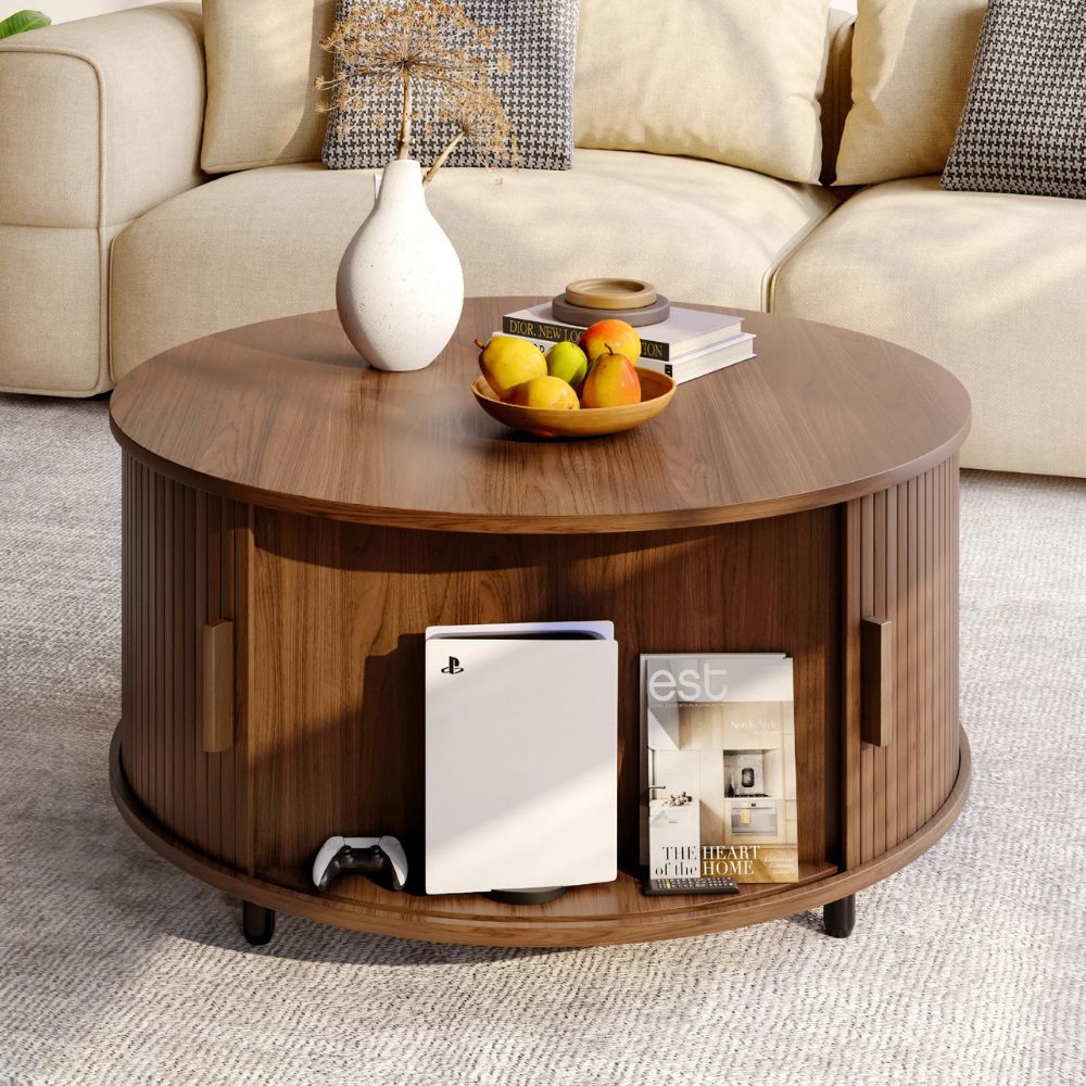 31.5” Round Modern Coffee Table with 360° Hidden Storage & Fluted Wood Sliding Door