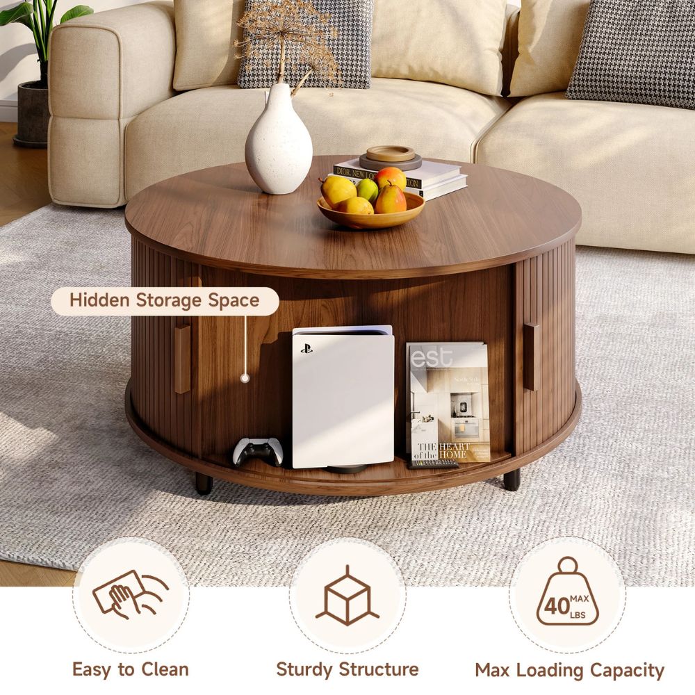 31.5” Round Modern Coffee Table with 360° Hidden Storage & Fluted Wood Sliding Door