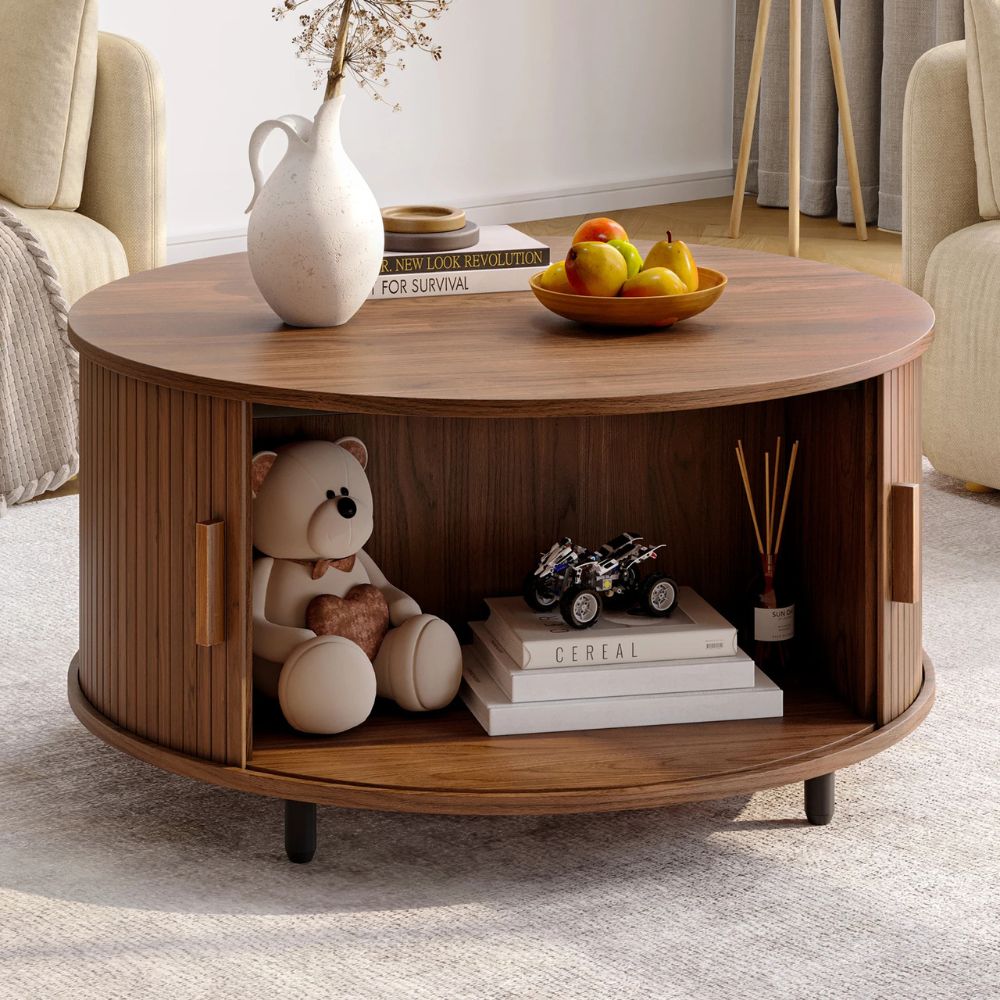 31.5” Round Modern Coffee Table with 360° Hidden Storage & Fluted Wood Sliding Door