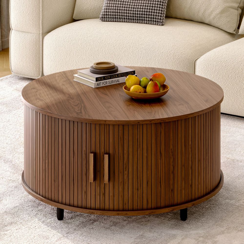 31.5” Round Modern Coffee Table with 360° Hidden Storage & Fluted Wood Sliding Door