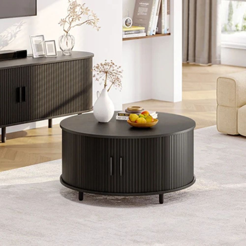 31.5” Round Modern Coffee Table with 360° Hidden Storage & Fluted Wood Sliding Door