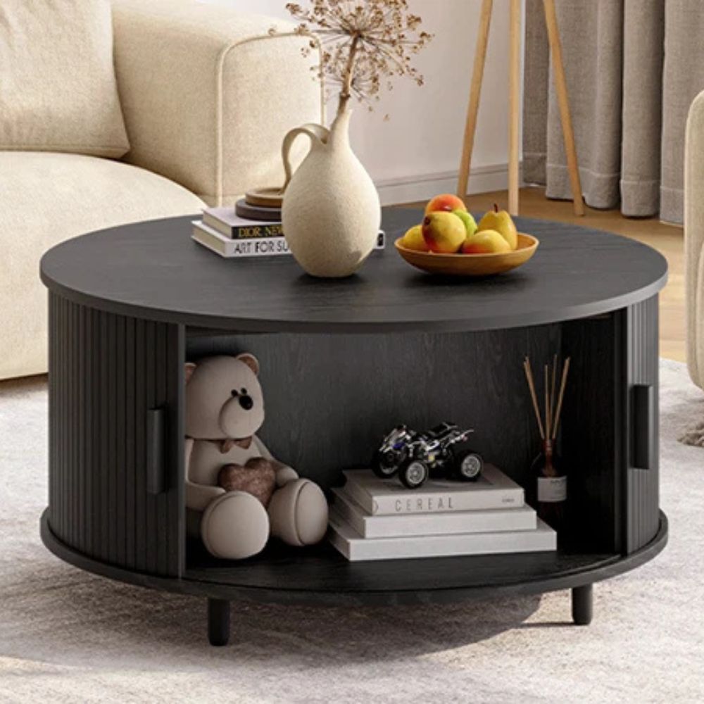 31.5” Round Modern Coffee Table with 360° Hidden Storage & Fluted Wood Sliding Door