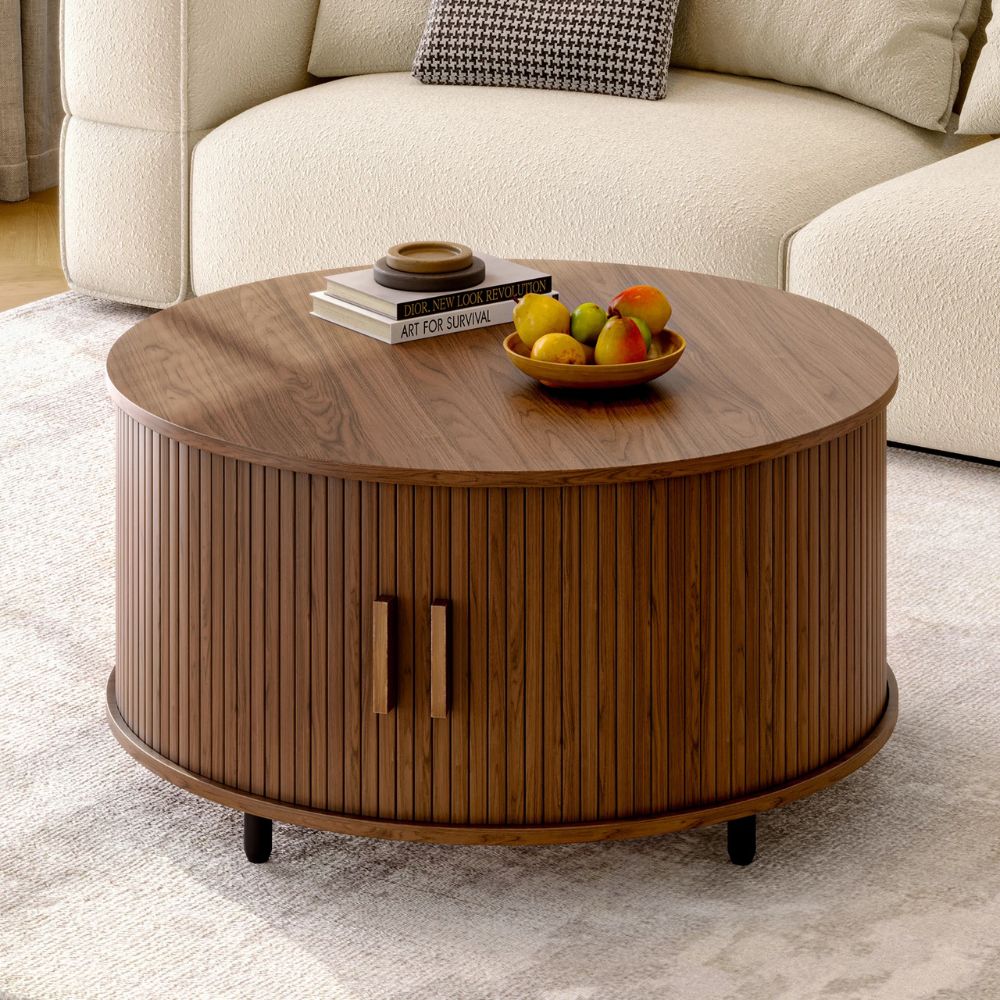 31.5” Round Modern Coffee Table with 360° Hidden Storage & Fluted Wood Sliding Door