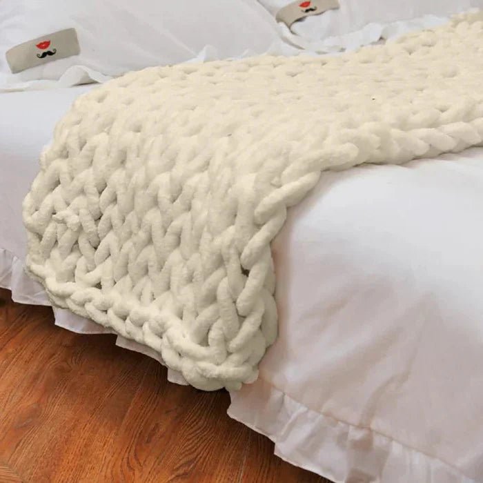 Chenille Chunky Knitted Blanket, Thick Cable Knit Throw for Couch Bed Sofa - Cream White image
