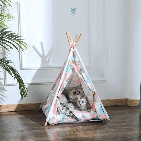 Portable Pop Up Dog / Cat Teepee Bed Tent - Pink Triangles image
