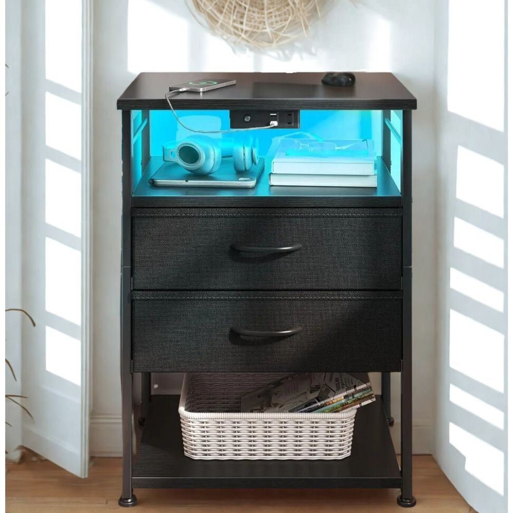 4-Tier Charging Nightstand with Drawers Space-Saving End Table for Small Bedrooms