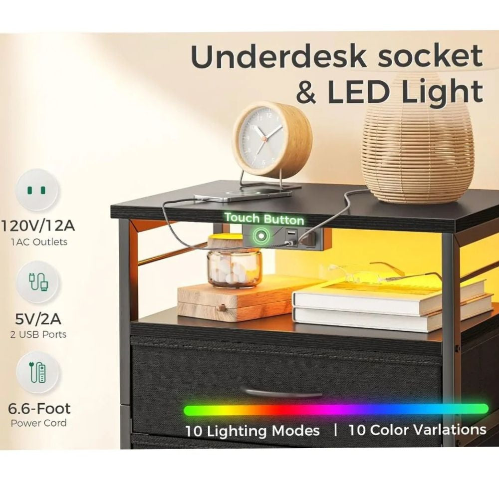 4-Tier Charging Nightstand with Drawers Space-Saving End Table for Small Bedrooms