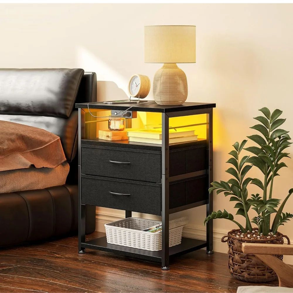 4-Tier Charging Nightstand with Drawers Space-Saving End Table for Small Bedrooms