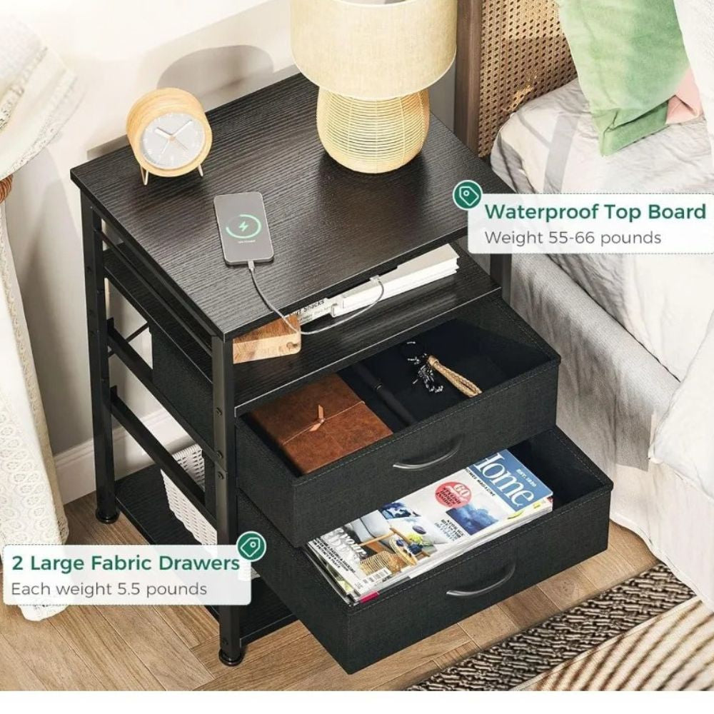 4-Tier Charging Nightstand with Drawers Space-Saving End Table for Small Bedrooms