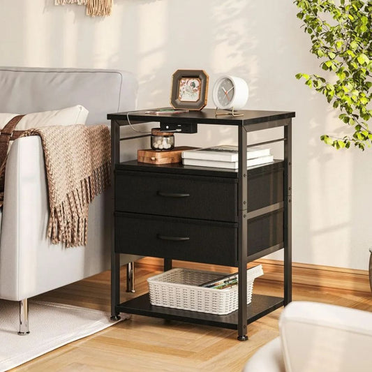 4-Tier Charging Nightstand with Drawers Space-Saving End Table for Small Bedrooms