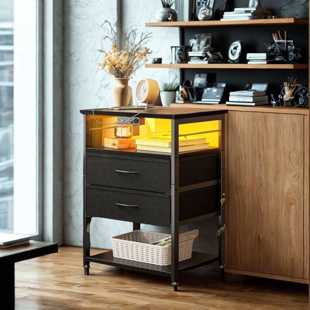 4-Tier Charging Nightstand with Drawers Space-Saving End Table for Small Bedrooms