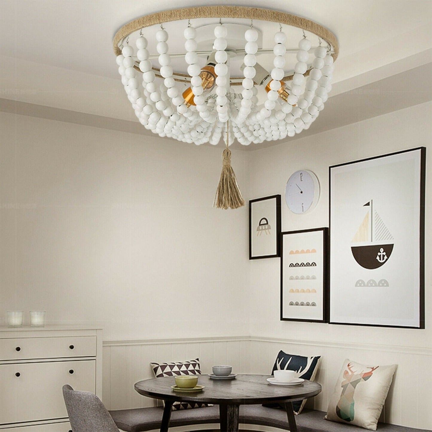 Modern Rustic Wood White Beaded Chandelier Light Fixture image 4