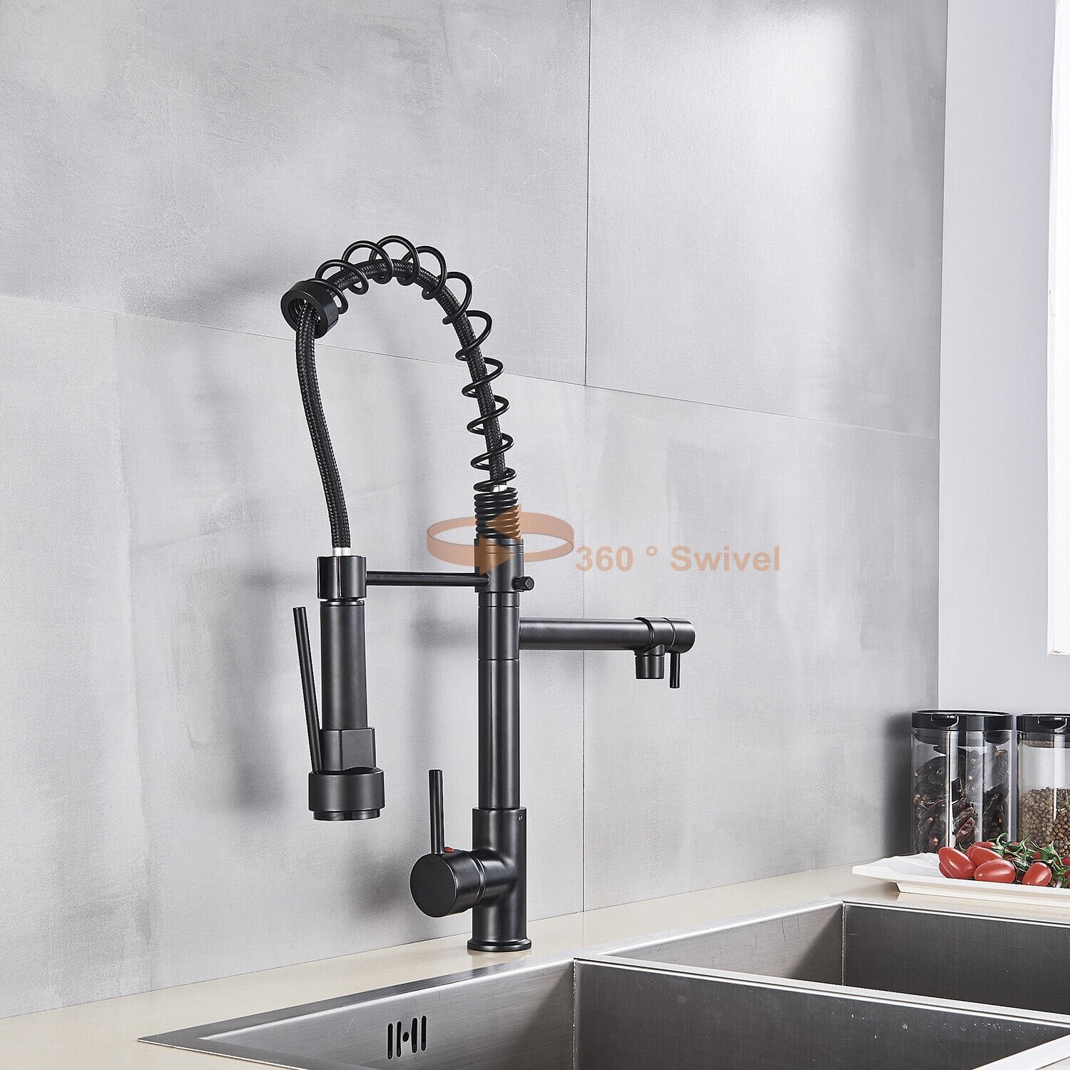Matte Black Single Handle Pull Down Sprayer Kitchen Faucet with 360° Rotation Mixer Tap image 6