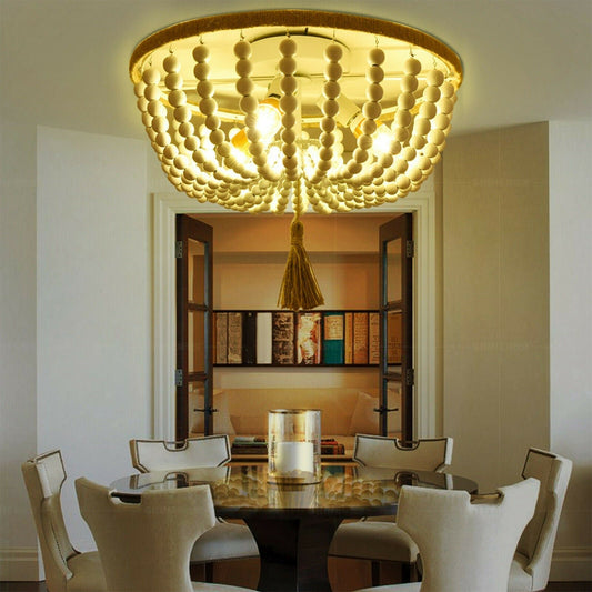 Modern Rustic Wood White Beaded Chandelier Light Fixture image 0