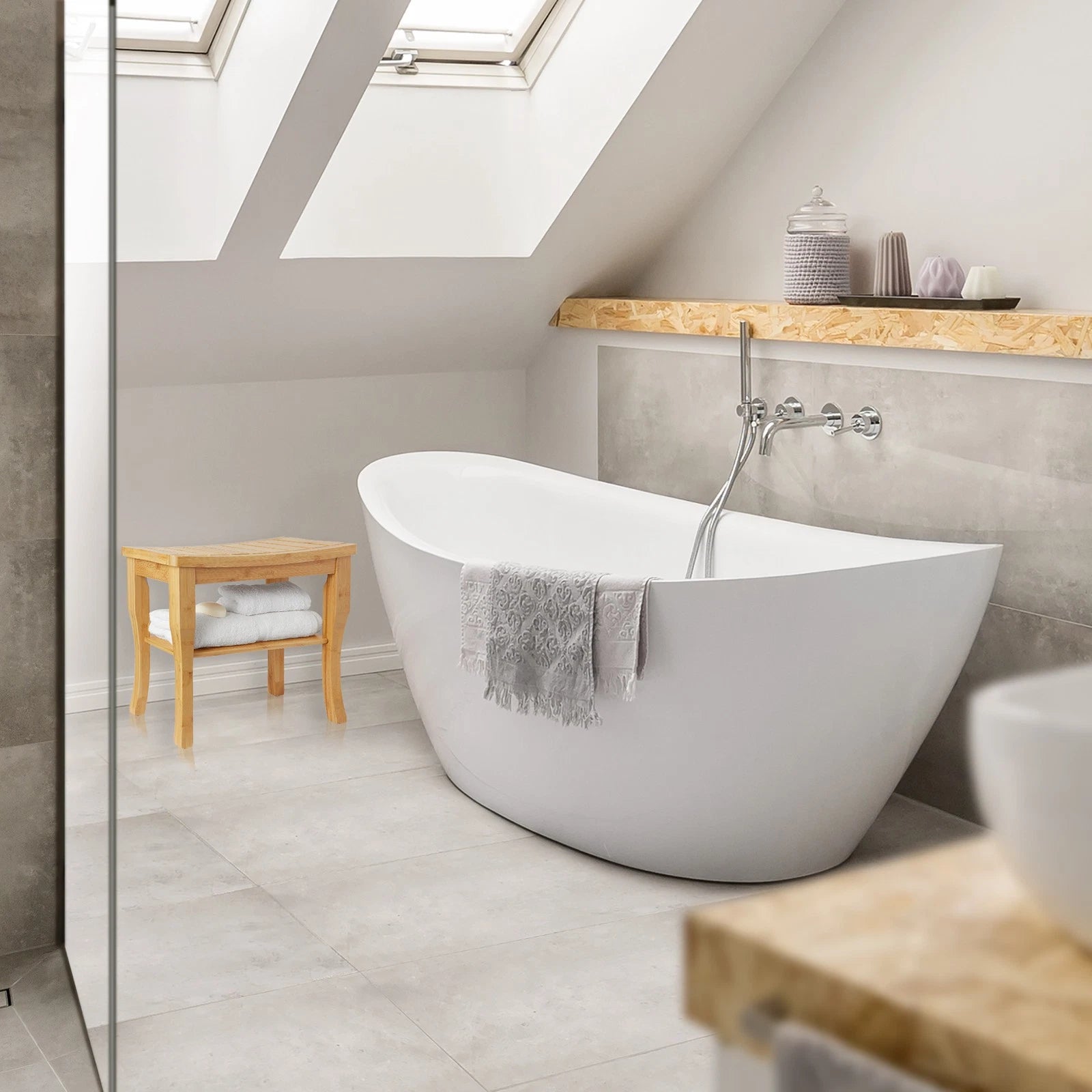 Waterproof Bamboo Wooden Shower Bench Seat With Storage Shelf image 2