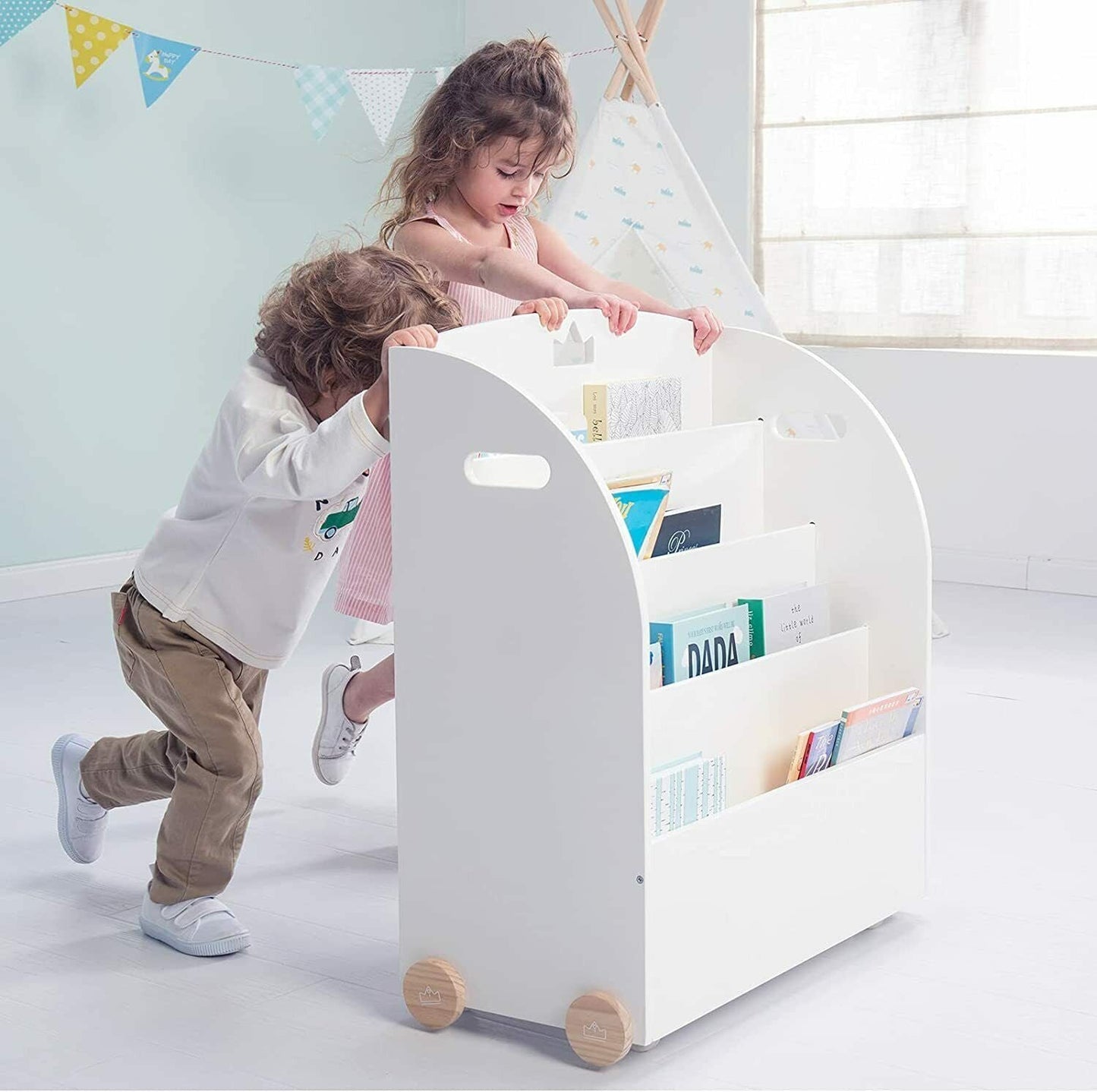 Large Kids Wooden Nursery Bookshelf Rack With Wheels image 1