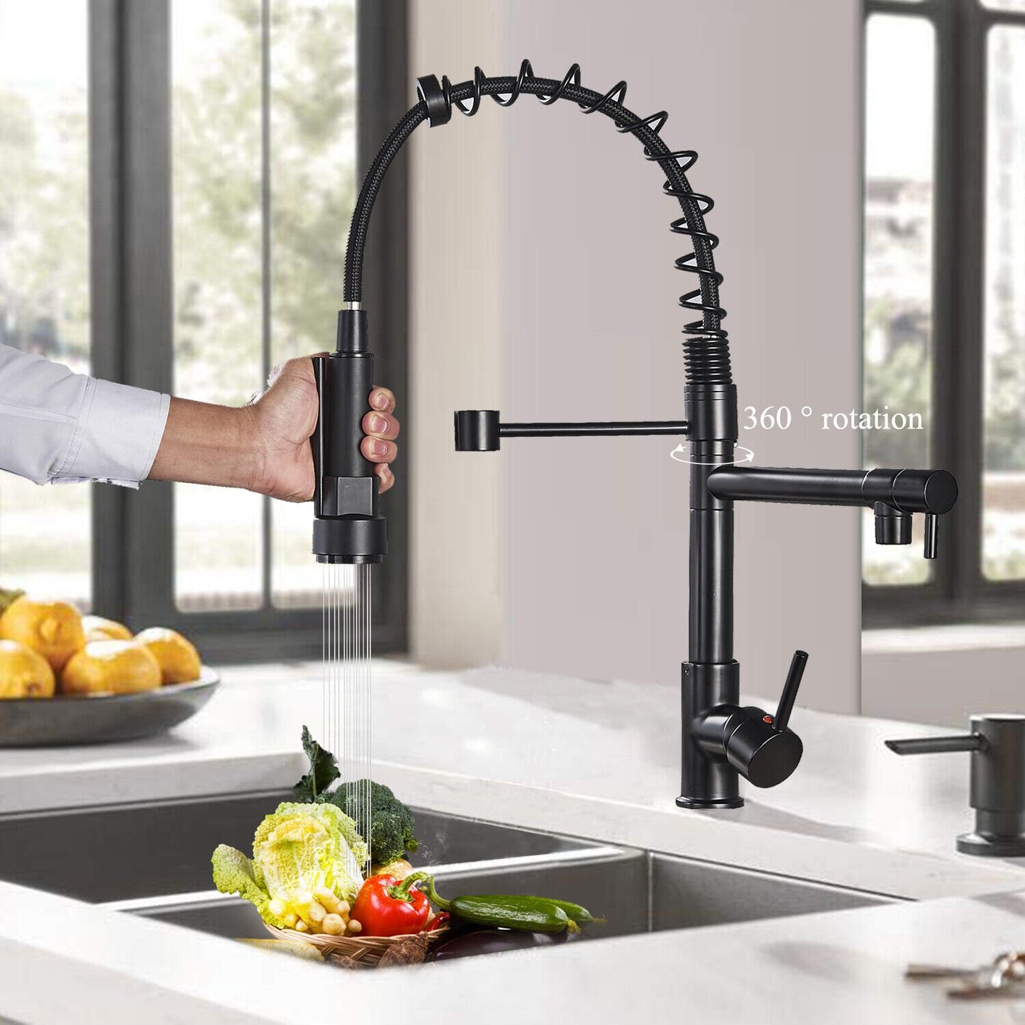 Matte Black Single Handle Pull Down Sprayer Kitchen Faucet with 360° Rotation Mixer Tap image 8