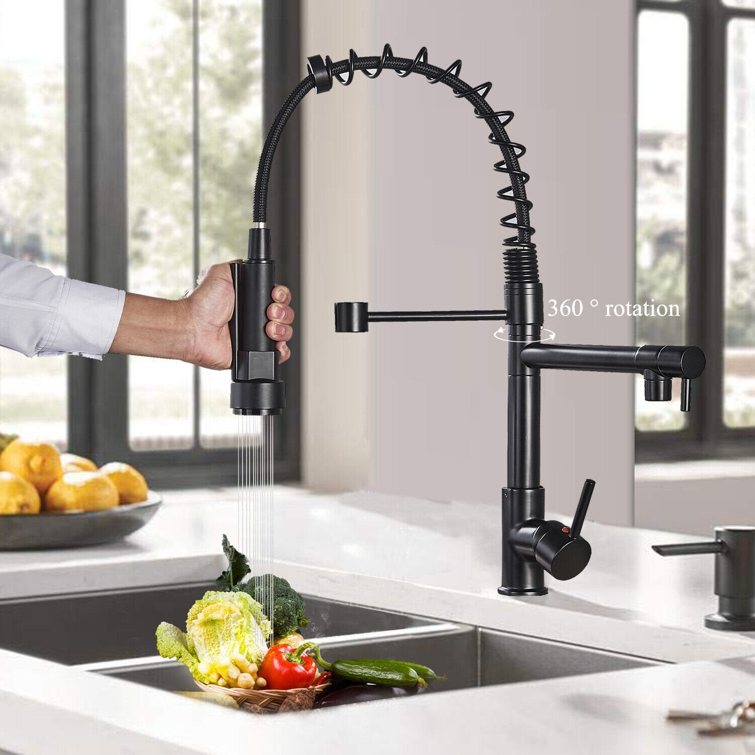 Matte Black Single Handle Pull Down Sprayer Kitchen Faucet with 360° Rotation Mixer Tap image 8