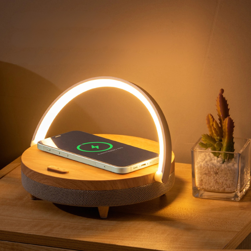 Multifunctional Wooden Table Lamp with Bluetooth Speaker & Wireless Charger image 0
