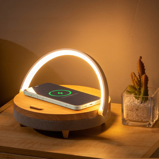 Multifunctional Wooden Table Lamp with Bluetooth Speaker & Wireless Charger image 0