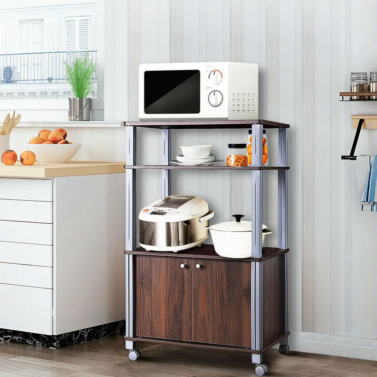 Modern Kitchen Wooden Bakers Rack With Storage Drawers image 0