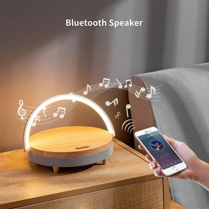 Multifunctional Wooden Table Lamp with Bluetooth Speaker & Wireless Charger image 3